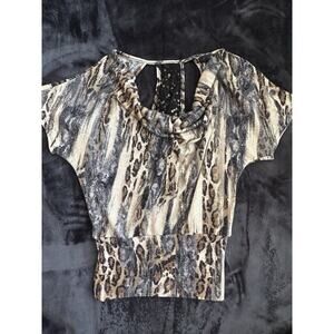Vintage Y2K Heart Soul Metallic Leopard Print Top Cowl Neck Sequin Mesh Back